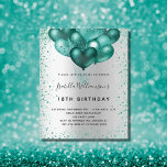 Budget birthday silver teal glitter invitation<br><div class="desc">For an elegant 18th (or any age) birthday.  A faux silver metallic looking background.  Decorated with teal faux glitter dust and balloons. Personalize and add a name,  age and party details. The name is written with a hand lettered style script</div>