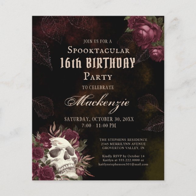 Budget Birthday Skull and Roses Party Invitation (Front)
