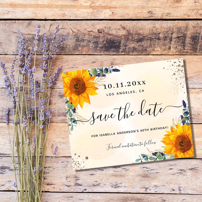 Budget birthday sunflower eucalyptus save the date (Creator Uploaded)