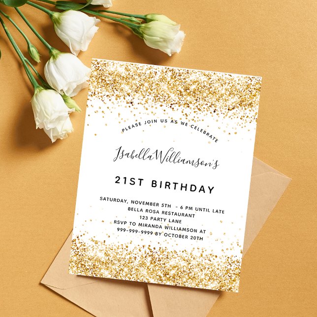 Budget birthday white gold glitter invitation (Creator Uploaded)