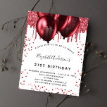 Budget birthday white red glitter invitation<br><div class="desc">For an elegant 21st (or any age) birthday.  A stylish white background. Decorated with red faux glitter and balloons.  Personalize and add a name,  age and party details. The name is written with a hand lettered style script</div>