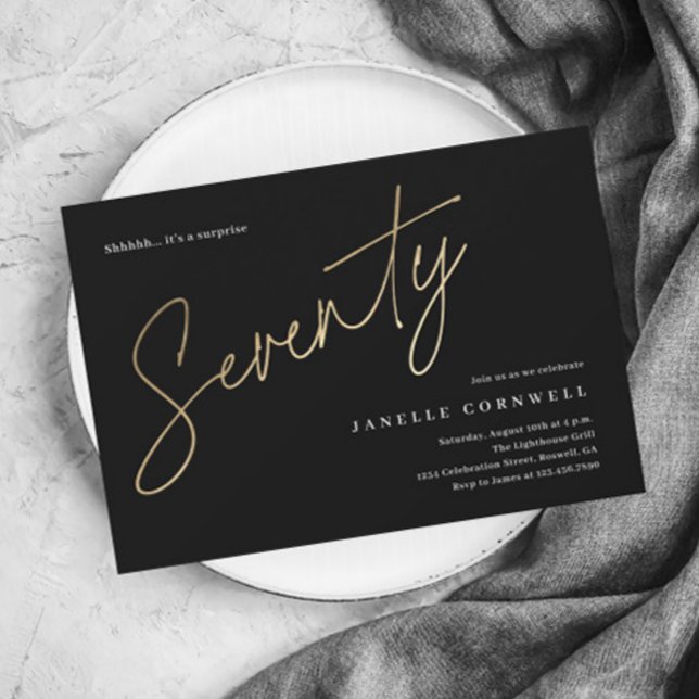Budget Black and Gold 70th Birthday Invitation (Modern gold script budget 70th birthday party invitations.)