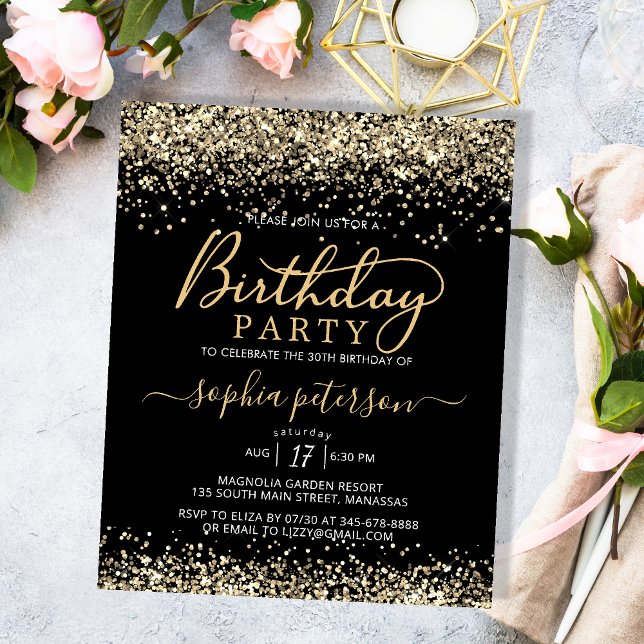 Budget Black and Gold Glitter Birthday Invitation (Creator Uploaded)