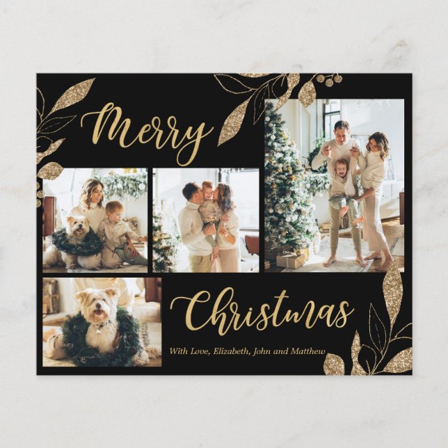 Budget Black and Gold Photo Collage Christmas Card (Front)
