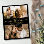 Budget Black and Gold Script Photo Save The Date<br><div class="desc">Budget elegant modern black and gold script 3 photo collage wedding save the date announcement personalized affordable low budget flyer. Chic minimalist design template feature three (3) couple photo and elegant cursive hand lettering typography script „Save the Date” text in gold on white background colour. ***PLEASE NOTE! *** BUDGET PAPER/FLYER...</div>