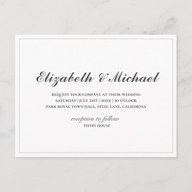 Budget Black and White Elegant Wedding Invitation Postcard (Front)
