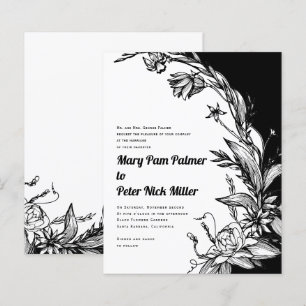 BUDGET Black and white floral wedding invitation