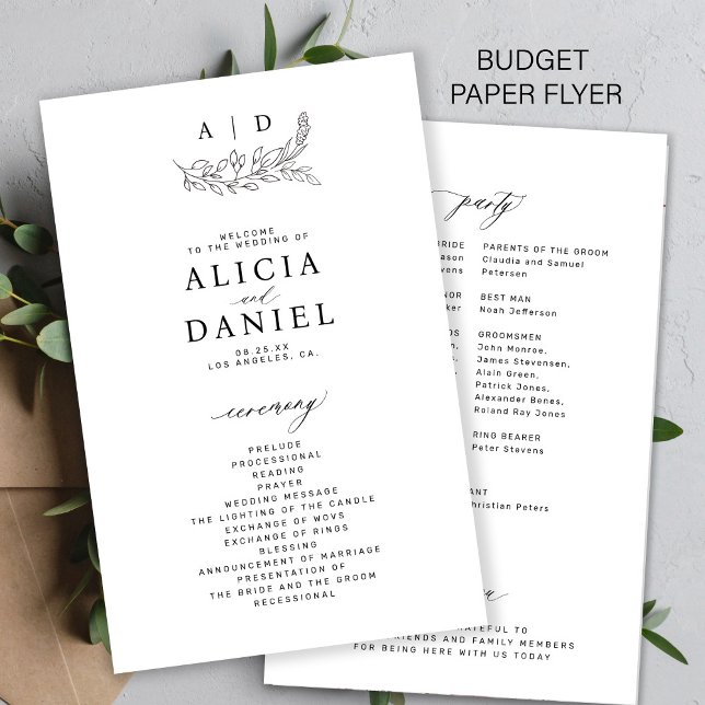 Budget black and white monogram wedding program (Creator Uploaded)