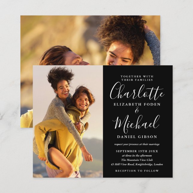 Budget Black And White Wedding 2 Photo Invitation (Front/Back)
