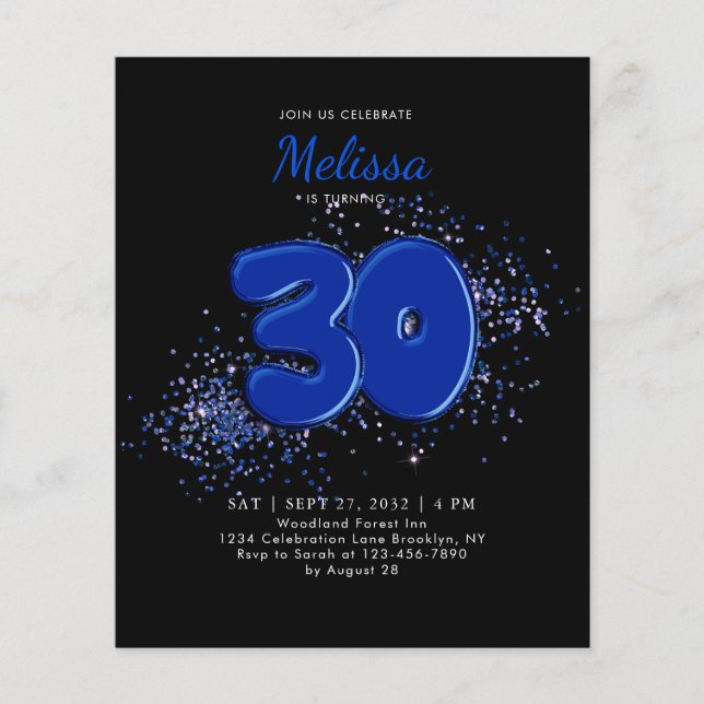 BUDGET Black Blue 30th Balloons Confetti Birthday (Front)
