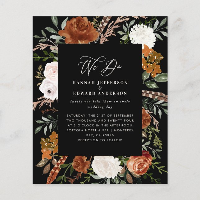 Budget black botanical wedding details invite flyer (Front)