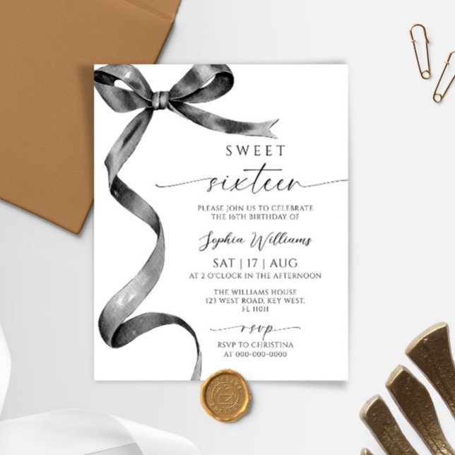 Budget Black Bow Sweet 16 Birthday Invitation (Creator Uploaded)