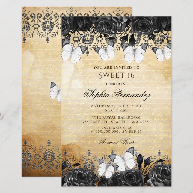 Budget Black Butterfly Sweet 16 Invitation (Front/Back)