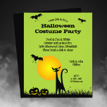 Budget Black Cat Halloween Invitation<br><div class="desc">Small 4.5" x 5.6" affordable paper flyers feature bats in the sky flying above a green-eyed black, a black cat and leering jack o' lanterns against a full moon. Fun for Halloween costume party invitations, kid's birthday party invitations, adult Halloween costume party invitations or any event. Printed on value 80...</div>