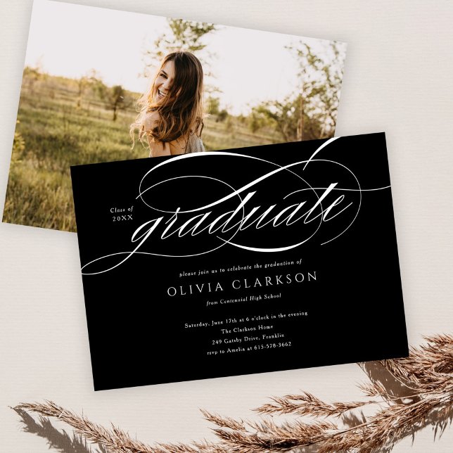 Budget Black Elegant Script Photo Graduation Party Invitation (Creator Uploaded)