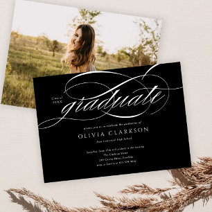 Budget Black Elegant Script Photo Graduation Party Invitation