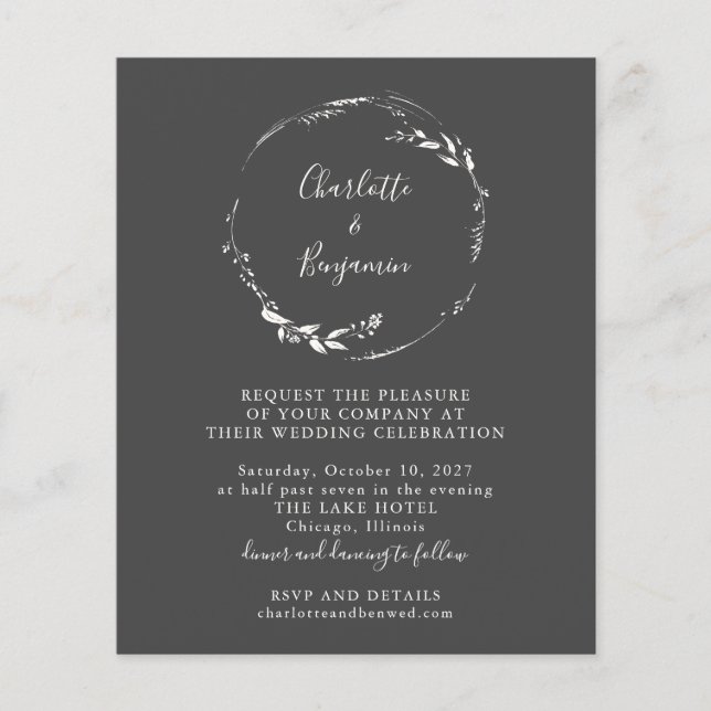 Budget Black Floral Wreath Script Wedding Invite (Front)