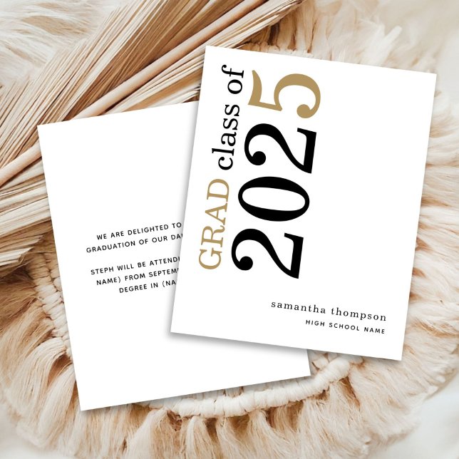 Budget Black Gold 2025 Graduation Announcement (front and back view)