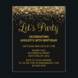 Budget Black & Gold 30th Birthday Party Invitation<br><div class="desc">Black and Gold Glitter Invite,  30th Birthday invitation Let's party,  budget Thirtieth Thirty Any Age,  Fortieth Fiftieth Forty Fifty Sixty,  Personalized 21st 40th 50th 60th,  Elegant Milestone Celebrate Sweet 16,  Custom 18th Glam Golden Confetti,  Adult Calligraphy Modern Stylish script,  Chic trendy simple for her,  Bling 16th quinceanera 15th celebration</div>