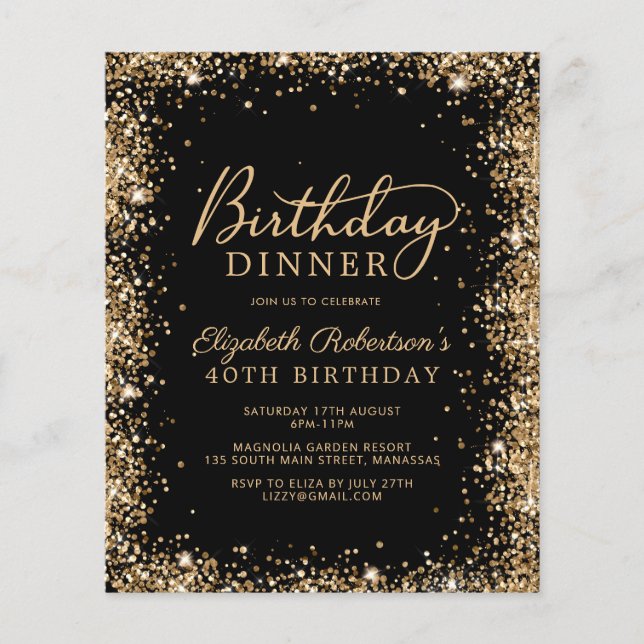 Budget Black Gold 40th Birthday Dinner Invitation (Front)