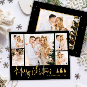 Budget Black Gold 5 Photo Collage Christmas Card