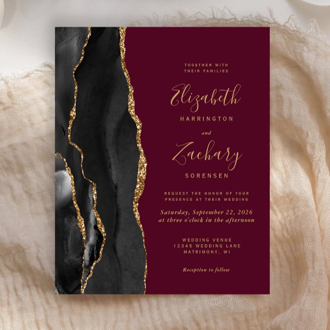 Budget Black Gold Agate Burgundy Wedding Invite (Creator Uploaded)