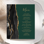 Budget Black Gold Agate Green Wedding Menu<br><div class="desc">The left-hand edge of this elegant modern wedding menu features a black watercolor agate border trimmed with faux gold glitter. The customizable text combines gold-coloured handwriting script and copperplate fonts on a dark emerald green background. The reverse side features a matching black and gold agate design.</div>