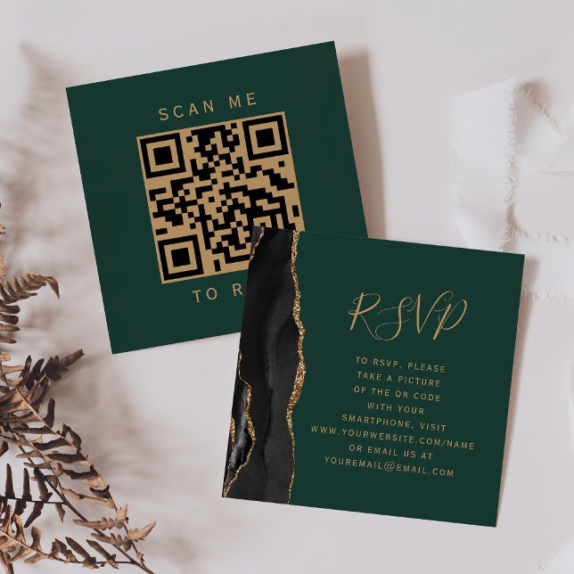 Budget Black Gold Agate Green Wedding QR Code RSVP Enclosure Card (Creator Uploaded)