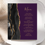Budget Black Gold Agate Purple Wedding Menu<br><div class="desc">The left-hand edge of this elegant modern wedding menu features a black watercolor agate border trimmed with faux gold glitter. The customizable text combines gold-coloured handwriting script and copperplate fonts on a purple background. The reverse side features a matching black and gold agate design.</div>