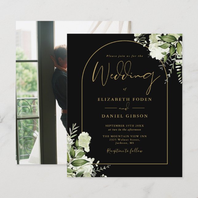 Budget Black Gold Arch Floral Photo Wedding Invite (Front/Back)