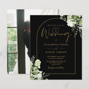 Budget Black Gold Arch Floral Photo Wedding Invite