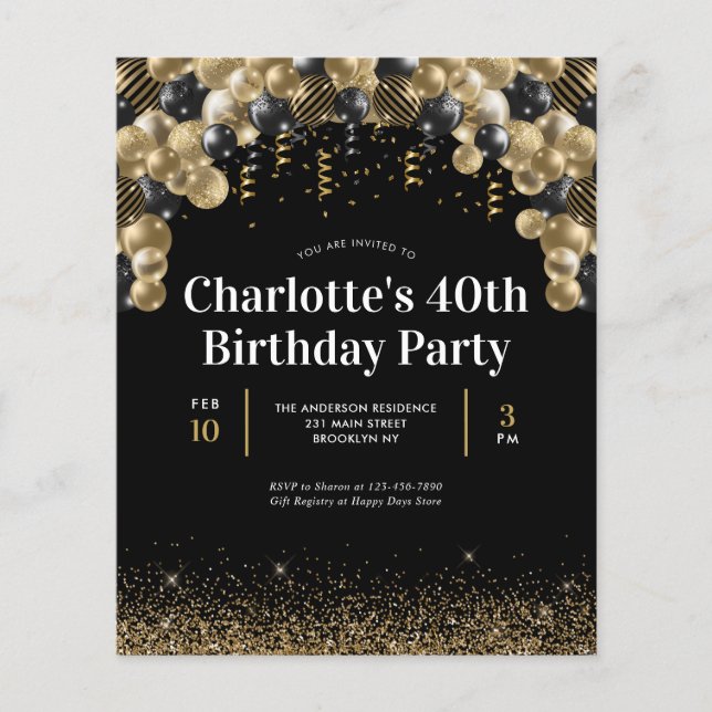 Budget Black Gold Balloon Glitter Any Age Birthday (Front)