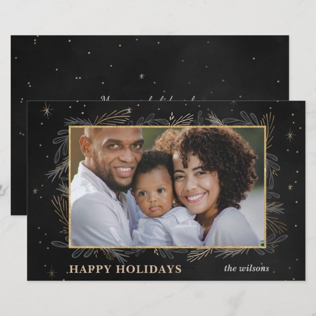 Budget Black Gold Botanical Photo Holiday Card (Front/Back)