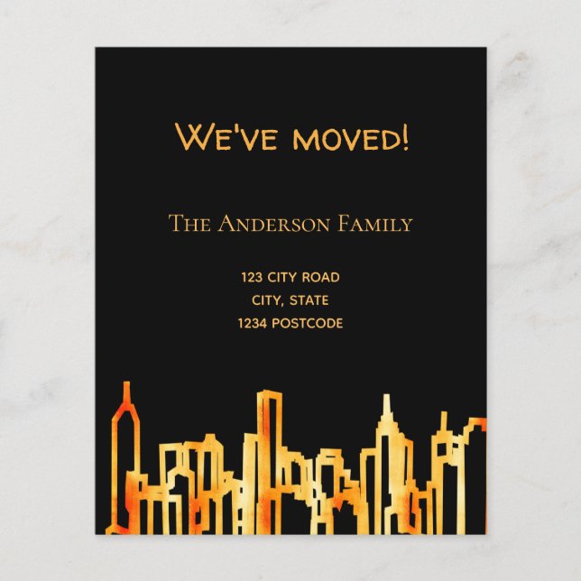 Budget black gold city skyline moving announcement (Front)