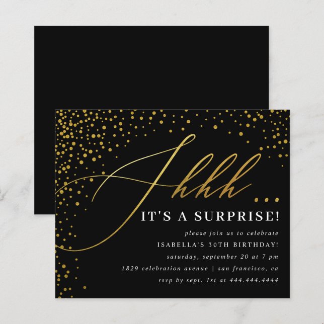 Budget Black & Gold Confetti Script Surprise Party (Front/Back)