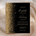 Budget Black Gold Faux Glitter Wedding Invitation<br><div class="desc">The left-hand edge of this elegant modern wedding invitation features a gold faux glitter border. The customizable text combines pale gold colored handwriting, copperplate and italic fonts on a black background. The reverse side features a matching black and gold design. NOTE: Envelopes are not automatically included with these budget invitations,...</div>