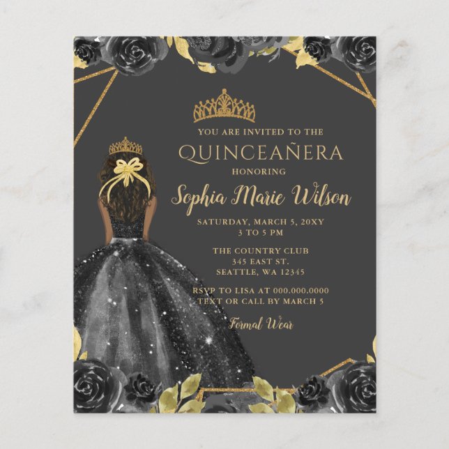 Budget Black Gold Floral Princess Quinceañera (Front)