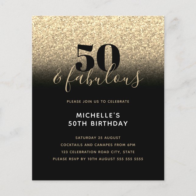 Budget Black Gold Glitter 50th Birthday Invitation (Front)