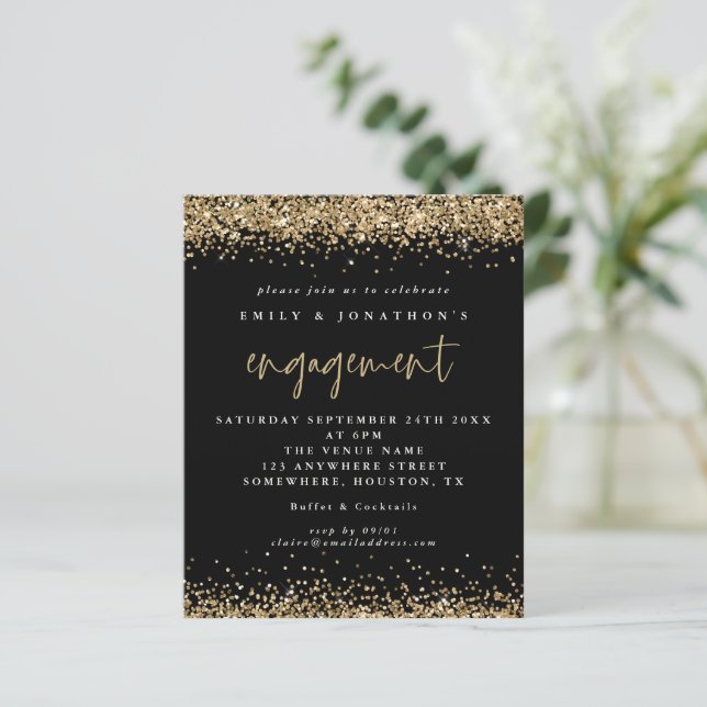 Budget Black Gold Glitter Engagement Invitation (Standing Front)