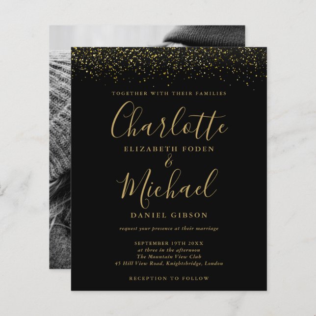 Budget Black Gold Glitter Photo Wedding Invite (Front/Back)