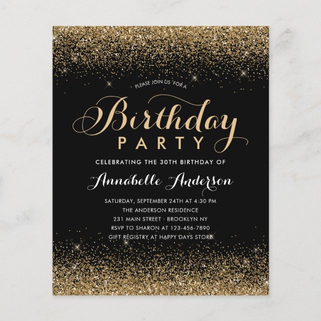 Budget Black Gold Glitter Sparkle Any Age Birthday (Front)