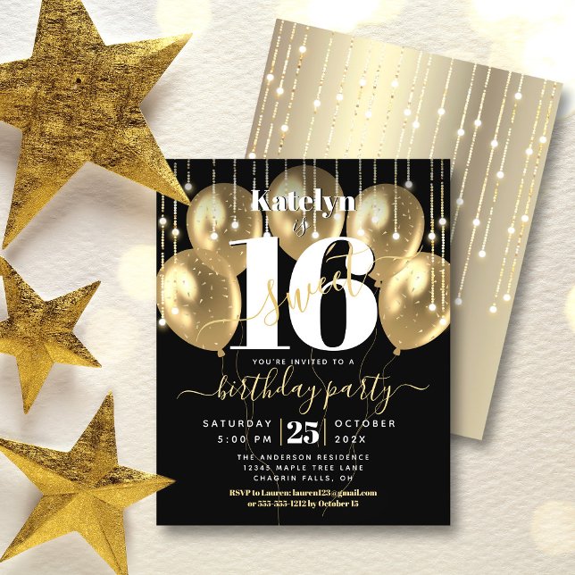 Budget Black Gold Glitter Sweet 16 Balloons Invite (Creator Uploaded)
