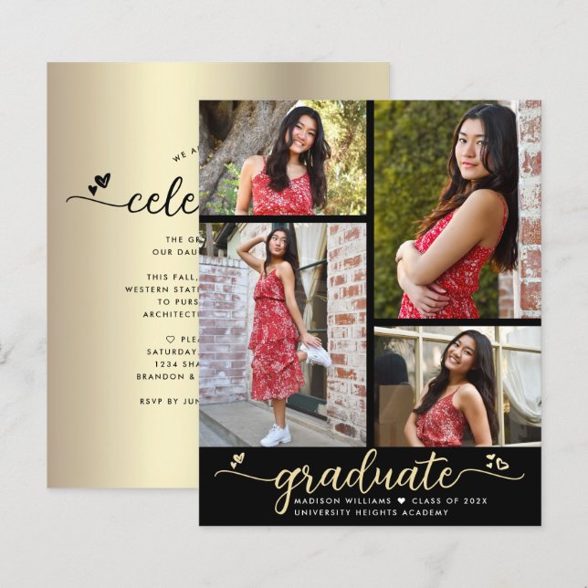 Budget Black Gold Graduation 4 Photo Script Invite (Front/Back)