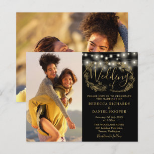 Budget Black Gold Lights 2 Photo Wedding Invite