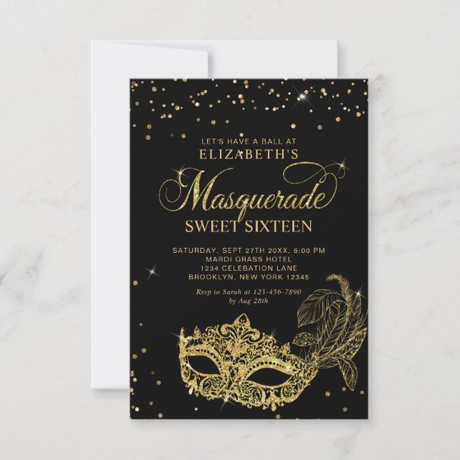BUDGET Black Gold Masquerade Sweet 16 Photo Card (Front)