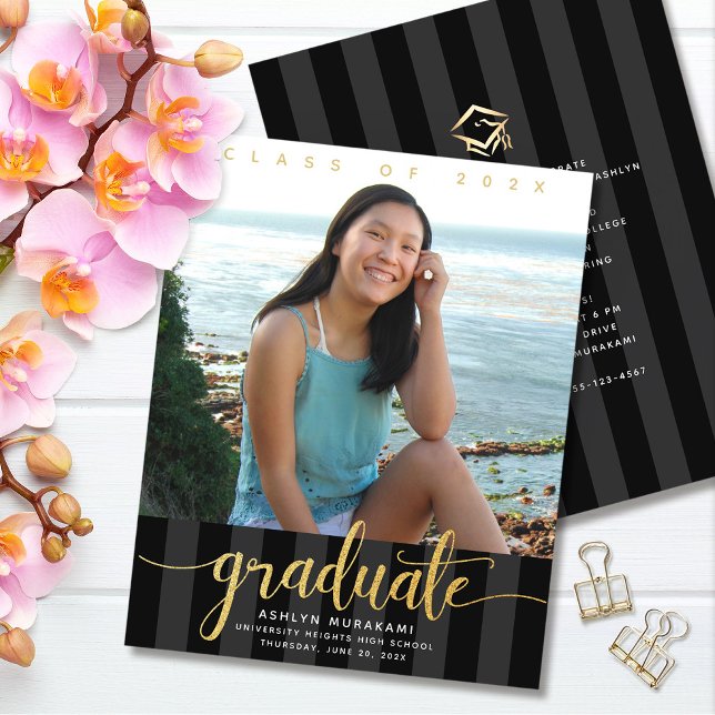 Budget black gold photo graduation chic invitation (Creator Uploaded)