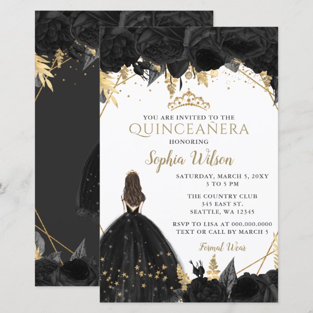 Budget Black Gold Princess Quinceañera Invitation (Front/Back)