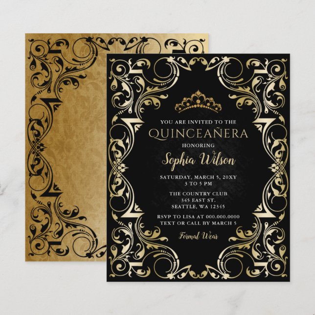 Budget Black Gold Tiara Quinceañera Invitation (Front/Back)
