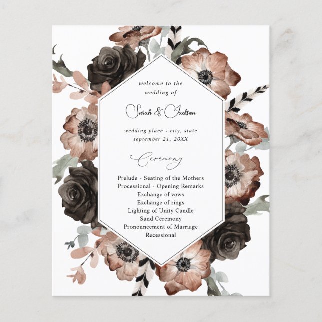 Budget Black & Natural Floral Boho Wedding Program (Front)