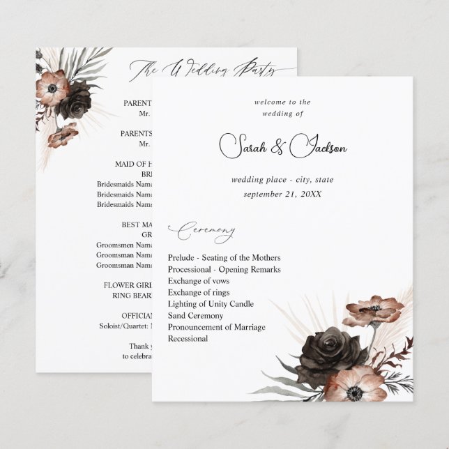 Budget Black &NaturalFloral Boho Wedding Programme (Devant / Derrière)